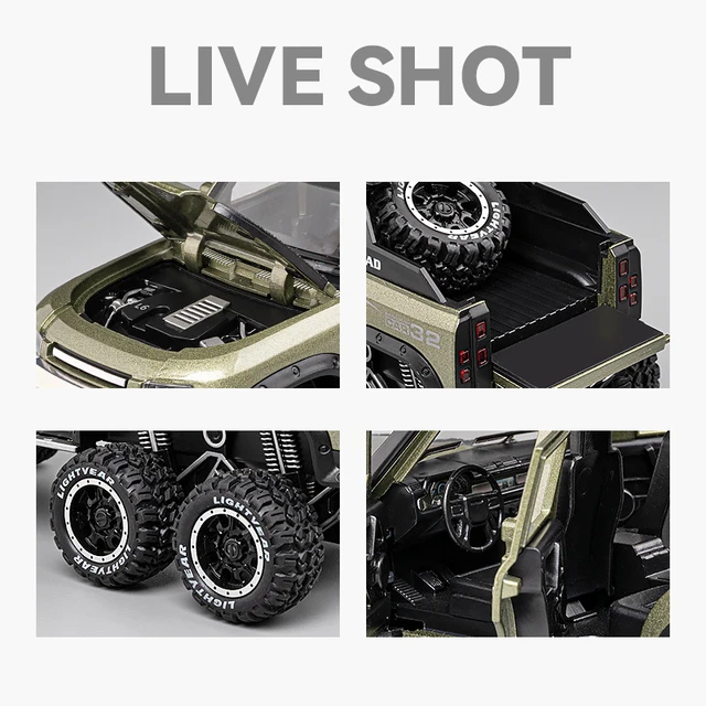1/24 Land Rover Defender Car Model Pickup Truck 6X6 Toy Metal Body Rubber Tire Sound Light Pull Back