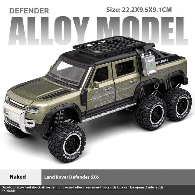 1/24 Land Rover Defender Car Model Pickup Truck 6X6 Toy Metal Body Rubber Tire Sound Light Pull Back