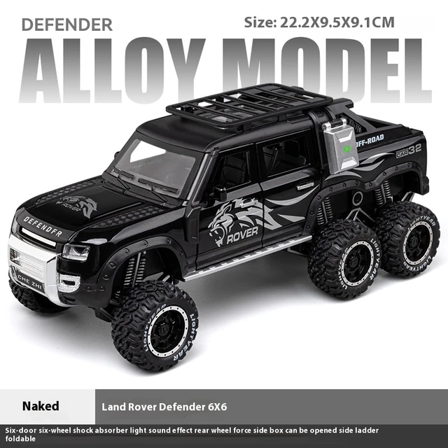 1/24 Land Rover Defender Car Model Pickup Truck 6X6 Toy Metal Body Rubber Tire Sound Light Pull Back