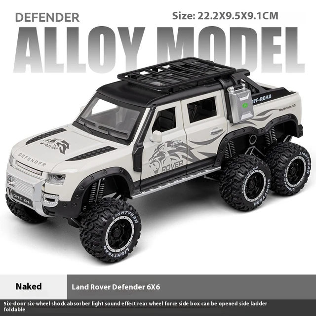 1/24 Land Rover Defender Car Model Pickup Truck 6X6 Toy Metal Body Rubber Tire Sound Light Pull Back
