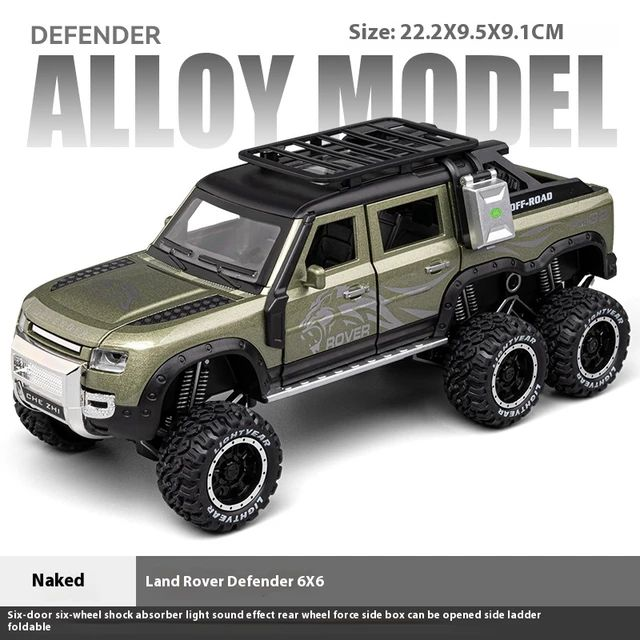 1/24 Land Rover Defender Car Model Pickup Truck 6X6 Toy Metal Body Rubber Tire Sound Light Pull Back