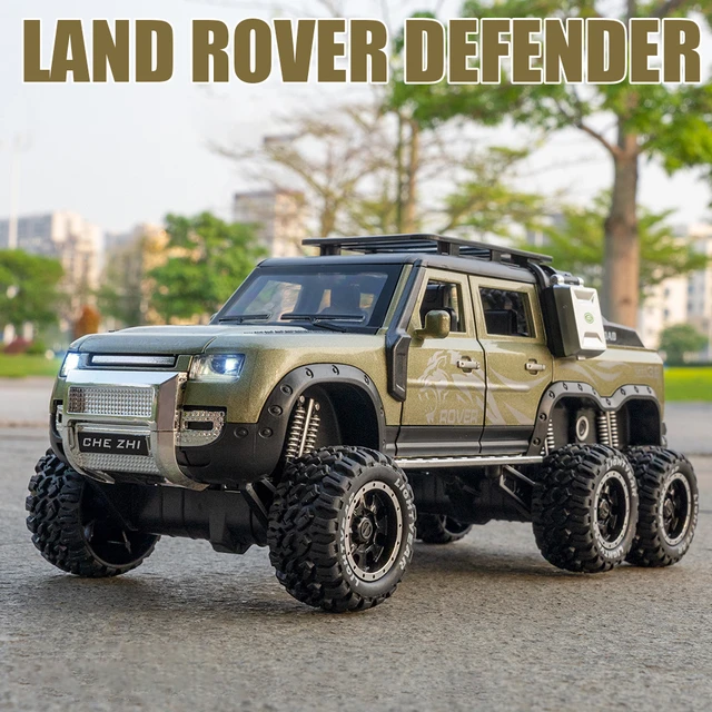 1/24 Land Rover Defender Car Model Pickup Truck 6X6 Toy Metal Body Rubber Tire Sound Light Pull Back