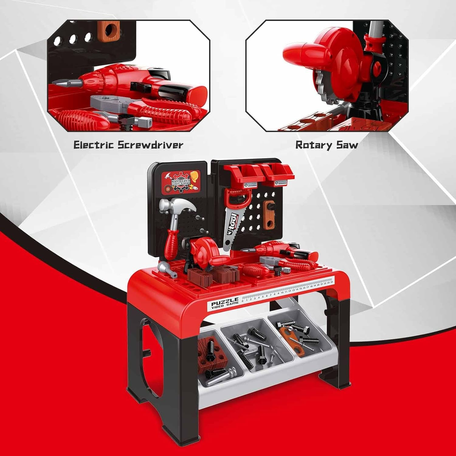 46-Pcs Workbench Tool Table Kids Toy Tool Bench Set, Construction Workshop With Electric Drill And Realistic Tools Toy For 3+ Years Old Kids