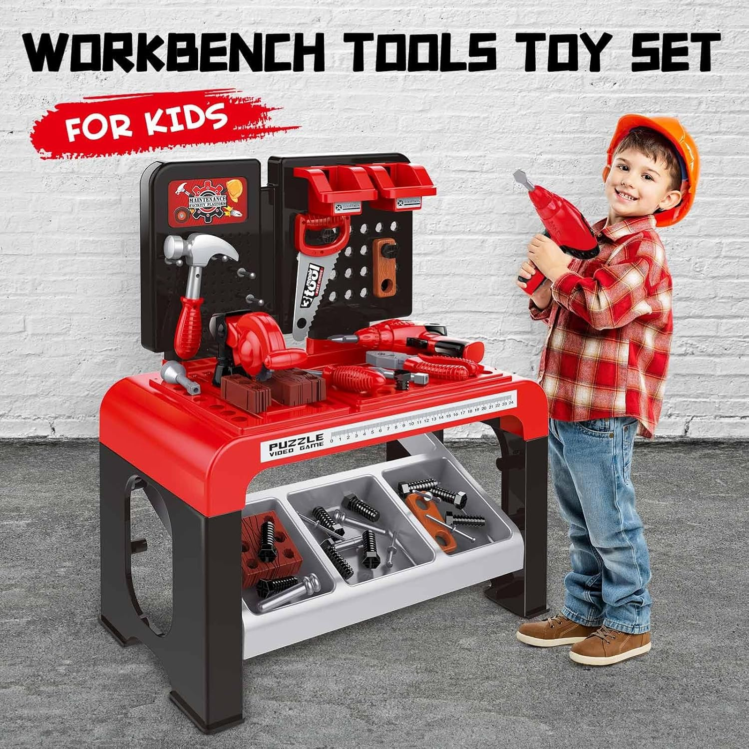 46-Pcs Workbench Tool Table Kids Toy Tool Bench Set, Construction Workshop With Electric Drill And Realistic Tools Toy For 3+ Years Old Kids