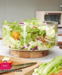 Glass Fruit Bowl Creative Large Salad Bowl Wood Base Snacks Popcorn Nuts Storage Bowls (Large)