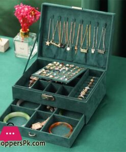 New Jewelry Box Green Stud Organizer Large Ring Necklace Makeup Holder Velvet Jewelry Cases  With Lock For Women Gifts - Image 2