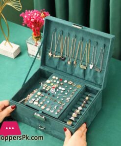 New Jewelry Box Green Stud Organizer Large Ring Necklace Makeup Holder Velvet Jewelry Cases  With Lock For Women Gifts - Image 3