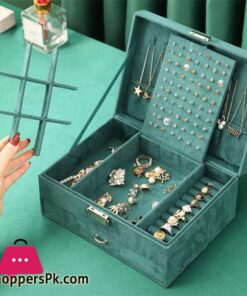New Jewelry Box Green Stud Organizer Large Ring Necklace Makeup Holder Velvet Jewelry Cases  With Lock For Women Gifts - Image 4