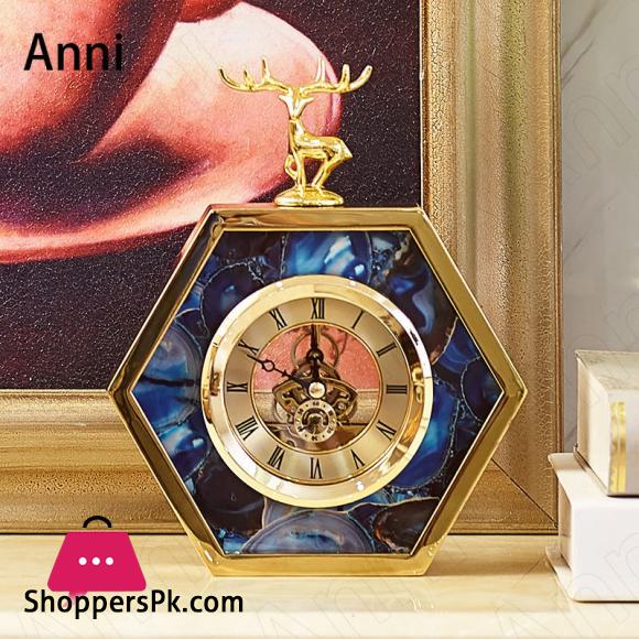 Nordic Golden Deer Desk Clock Blue Agate Texture Decorative Clocks Golden Border Vintage Desktop Ornament Living Room Decoration