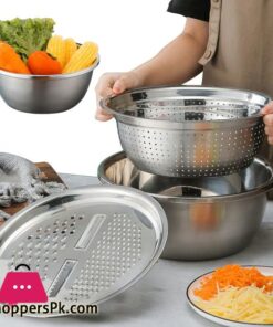 Stainless Steel 3-in-1 Colander Set with Drain Basket and Vegetable Slicer - Premium Kitchen Grater and Food Strainer
