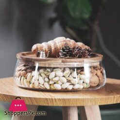 Transparent Glass Stylish Borosilicate Fruit Bowl With Real Bamboo Top - 8.58Inch