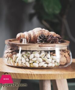 Transparent Glass Stylish Borosilicate Fruit Bowl with Real Bamboo Top - 7.9inch