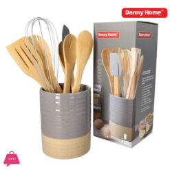 Danny Home Kitchen Bamboo Kitchen Utensils Tool Set Ceramic Holder ( White/Grey )