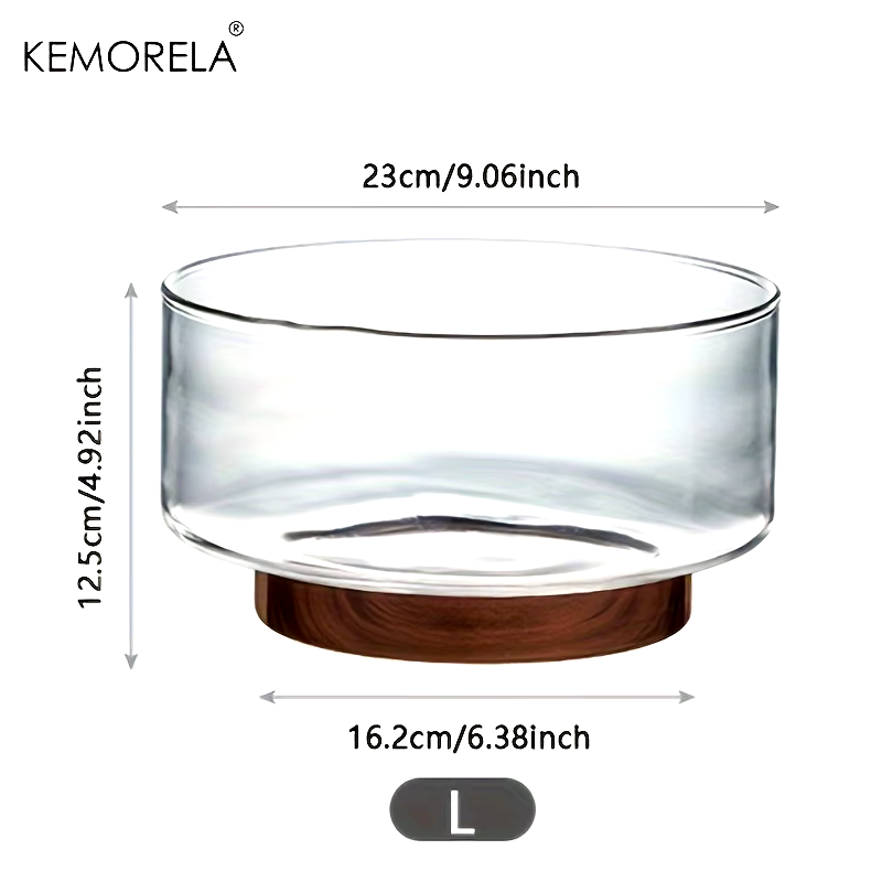 Glass Fruit Bowl Creative Large Salad Bowl Wood Base Snacks Popcorn Nuts Storage Bowls (Large)