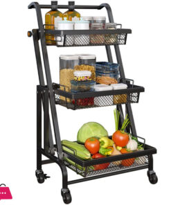 Kitchen Floor Trolley Rack Multifunctional Parallel Folding Vegetable and Fruit Storage Basket 360 Degree Rotation
