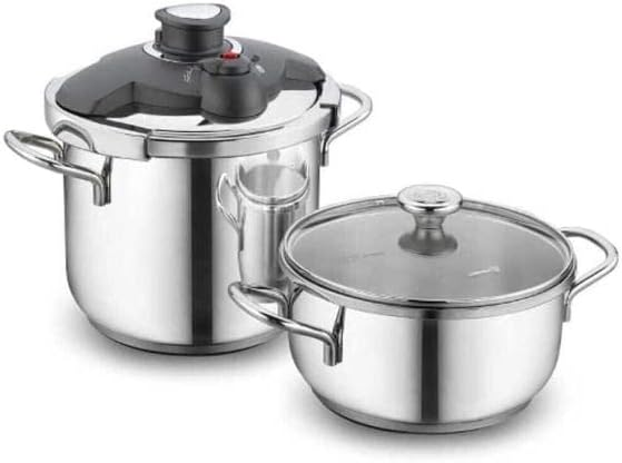 Korkmaz Alia Stainless Steel Casserole And Pressure Pot Set Pressure Cooker With Pressure Settings And Cookware With Glass Lid