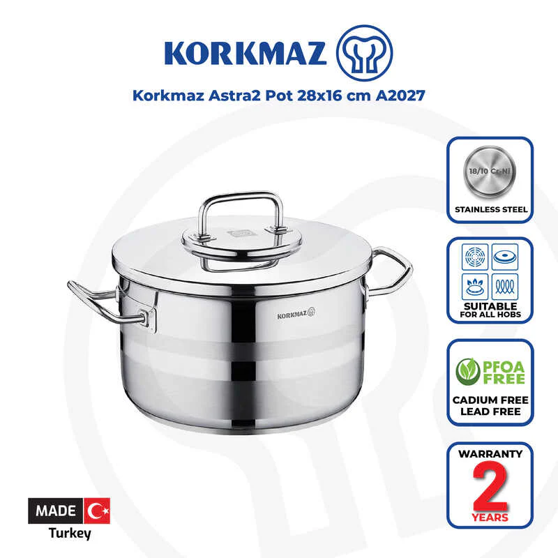 Korkmaz Astra2 Stainless Steel Stock Pot With Lid - 30X18Cm - 12.5 Liters Induction Compatible