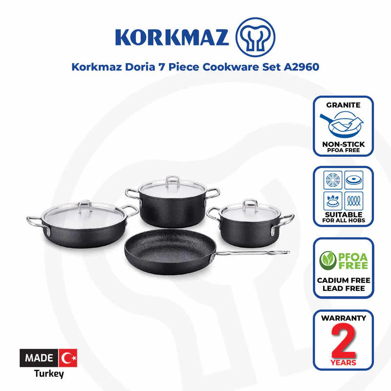 Korkmaz Doria 7-Piece Non Stick Cookware Set With Lid - Induction Compatible Pfoa Free