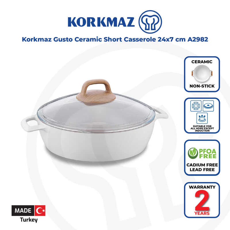 Korkmaz Gusto Non Stick Ceramic Cooking Pot With Glass Lid 3.5 Liter - 26X7Cm, Gas Stove Compatible