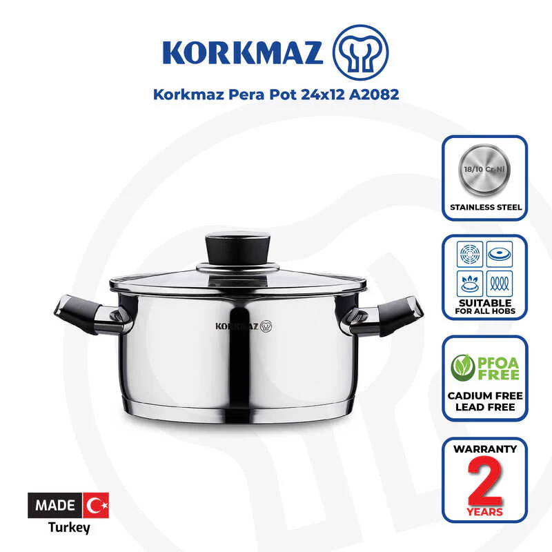 Korkmaz Pera Stainless Steel Cooking Pot With Glass Lid - 24X12Cm Induction Compatible