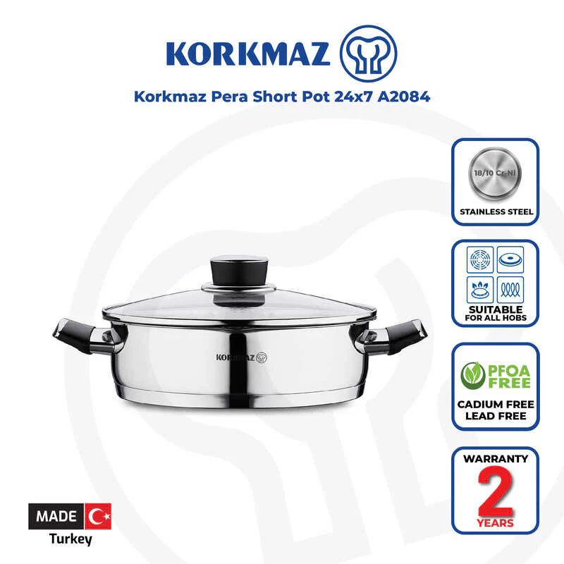 Korkmaz Pera Stainless Steel Cooking Pot With Glass Lid - 24X7Cm Induction Compatible