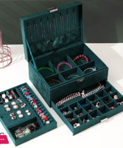 New Jewelry Box Green Stud Organizer Large Ring Necklace Makeup Holder Velvet Jewelry Cases  With Lock For Women Gifts