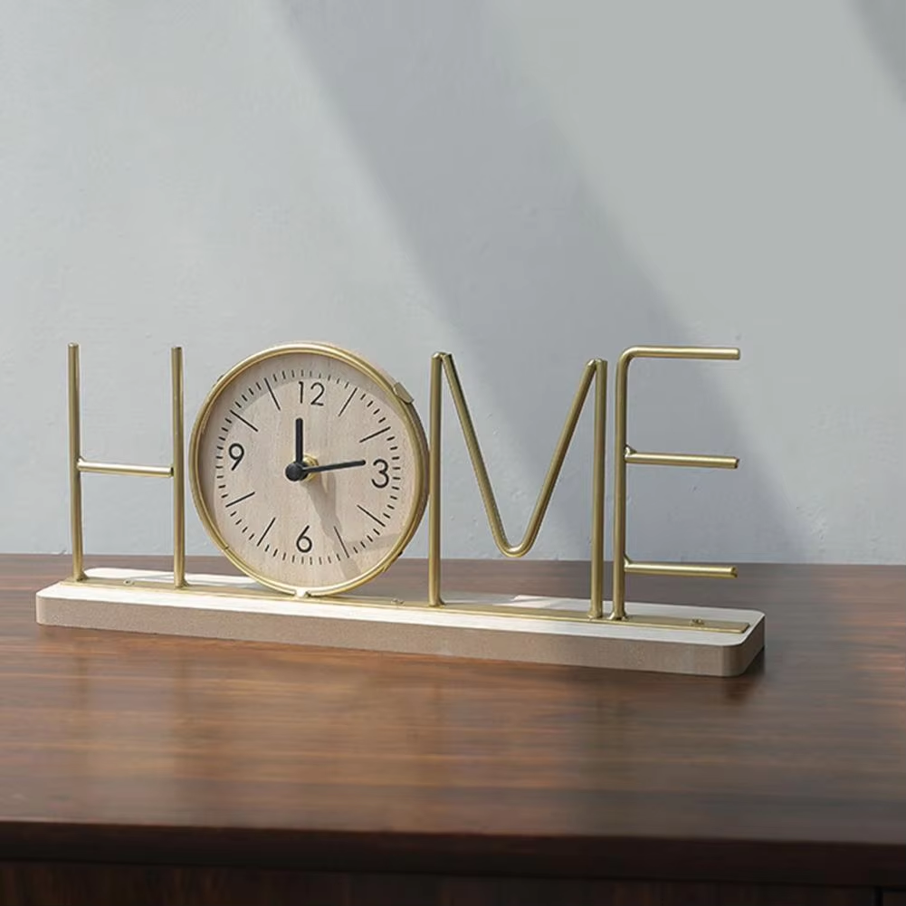 Office Desk Clock Modern Metal Home Clock With Wooden Base For Decor Non-Ticking Silent Desktop Clock