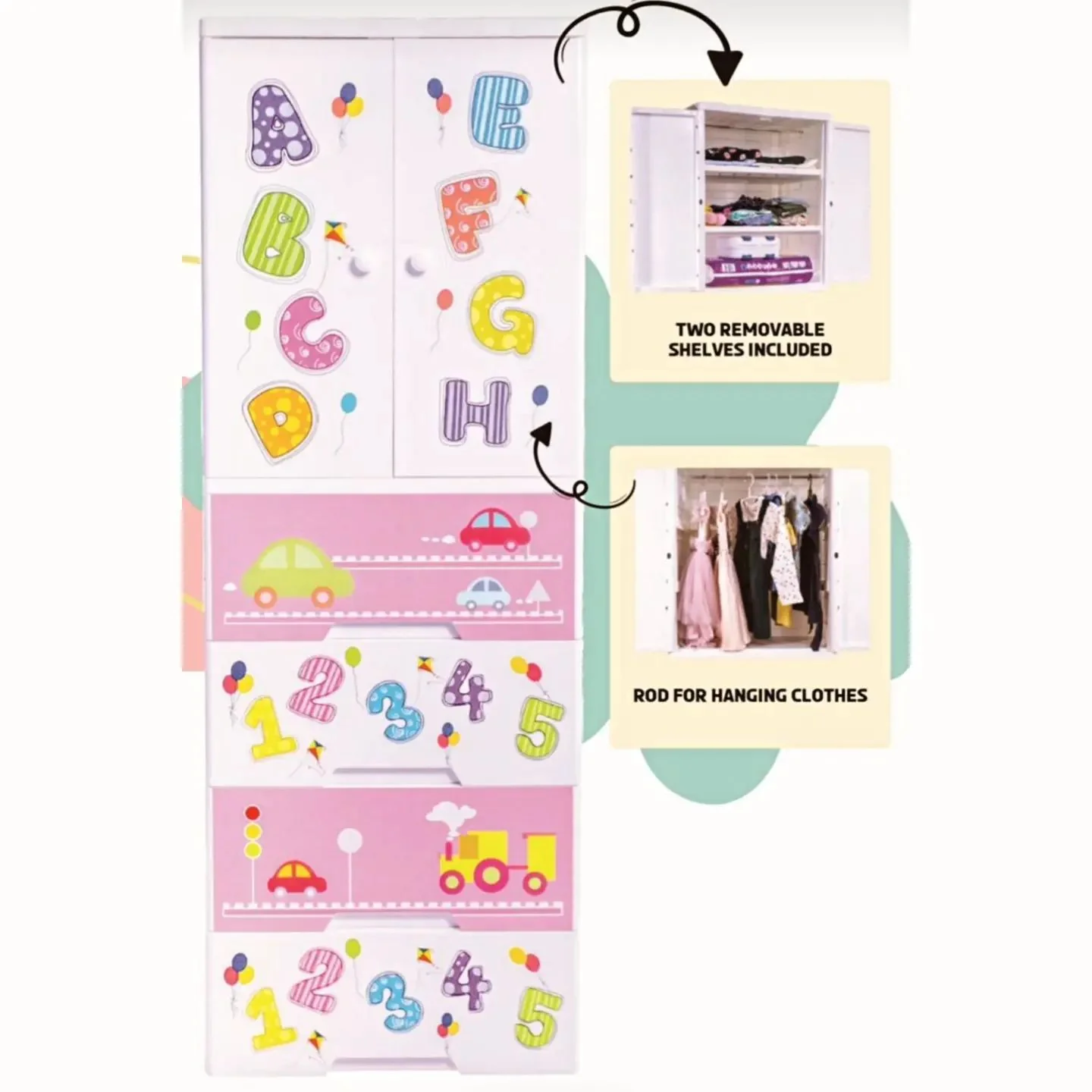 Phoenix Abc 123 Wardrobe Hanging With 4 Big Drawer (7Layer)