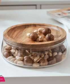 Transparent Glass Stylish Borosilicate Fruit Bowl With Real Bamboo Top - 7.9Inch - Image 2
