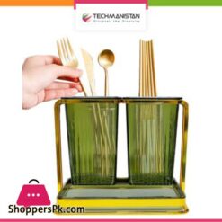 Techmanistan 2 Compartments Square Cutlery Holder Utensil Holder Countertop Kitchen Utensil Organizer Spoon Fork Holder Organizer Cutlery Caddy Drying Rack 2 Green Cups With Gold Iron Frame Cooking Utensil Crock Chic