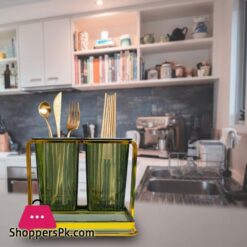 Techmanistan 2 Compartments Square Cutlery Holder Utensil Holder Countertop Kitchen Utensil Organizer Spoon Fork Holder Organizer Cutlery Caddy Drying Rack 2 Green Cups With Gold Iron Frame Cooking Utensil Crock Chic