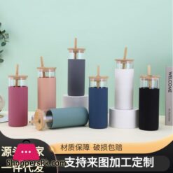 Cross Border Creative Bamboo Cover Borosilicate Straw Glass Cup With Silicone Case Simple Milky Tea Cup Tumbler Customizationlogo