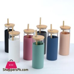 Cross Border Creative Bamboo Cover Borosilicate Straw Glass Cup With Silicone Case Simple Milky Tea Cup Tumbler Customizationlogo