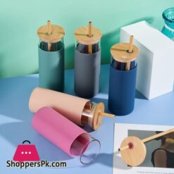 Cross Border Creative Bamboo Cover Borosilicate Straw Glass Cup With Silicone Case Simple Milky Tea Cup Tumbler Customizationlogo
