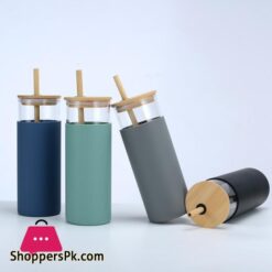 Cross Border Creative Bamboo Cover Borosilicate Straw Glass Cup With Silicone Case Simple Milky Tea Cup Tumbler Customizationlogo