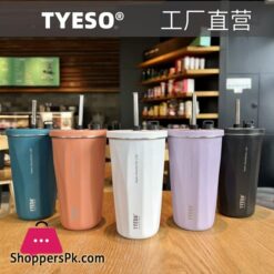 Tyeso Vacuum Insulated Coffee Cup With Straw Thermos Mug Leak-Proof 600Ml