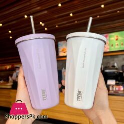 Tyeso Vacuum Insulated Coffee Cup With Straw Thermos Mug Leak-Proof 600Ml