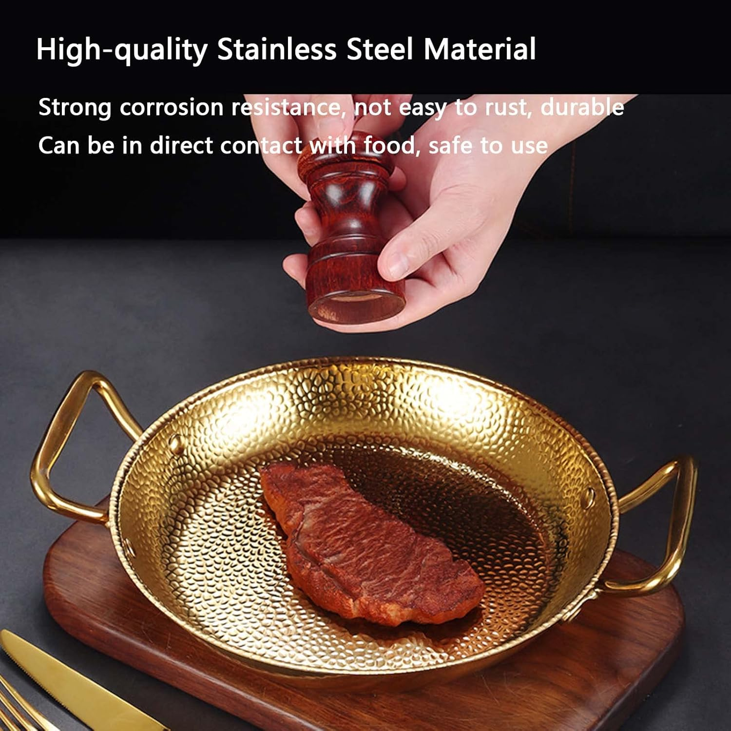 Golden Spanish Paella Deep Pan Stainless Steel Non-Stick Seafood Skillet Dual Handle For Home Restaurant Cooking 24 Cm