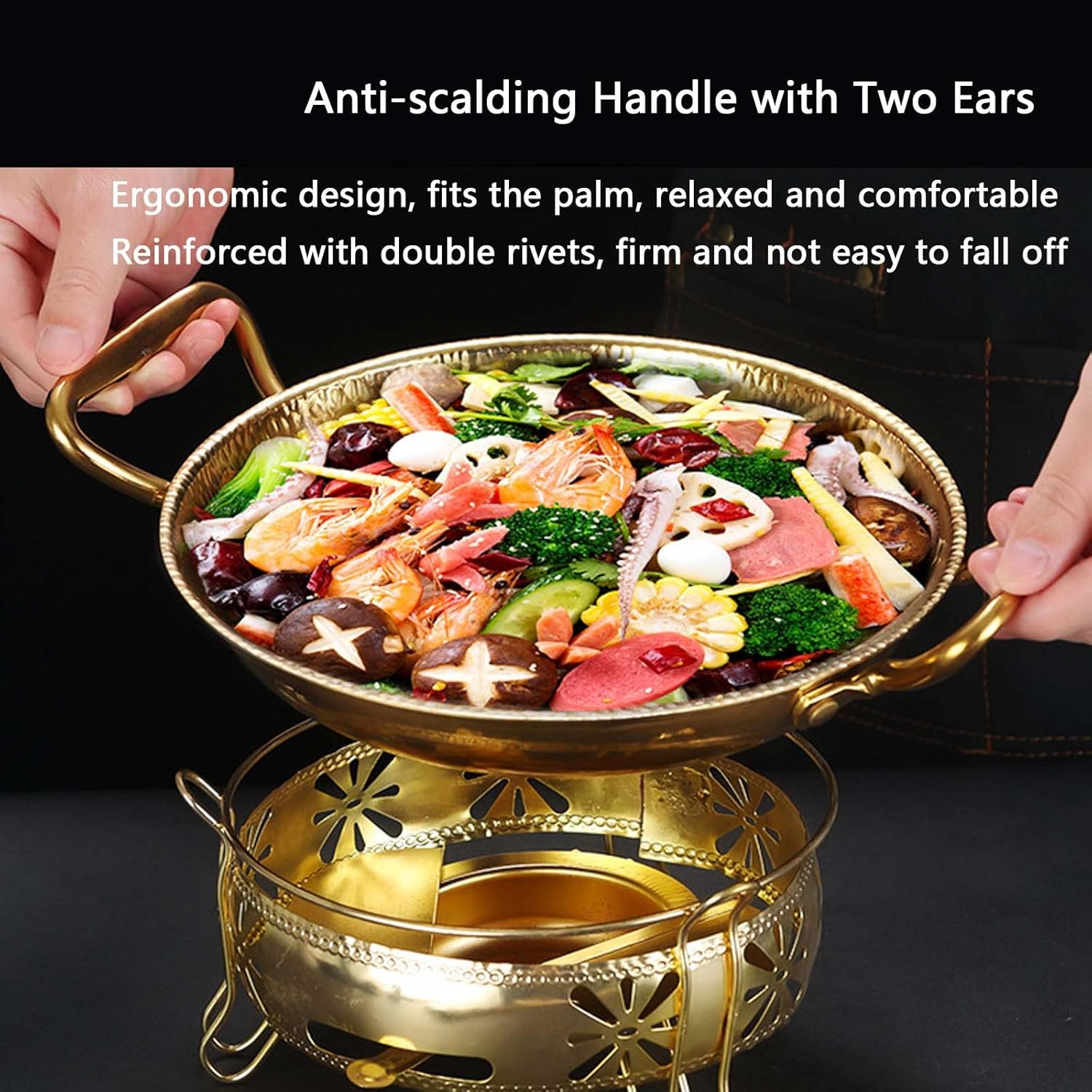 Golden Spanish Paella Deep Pan Stainless Steel Non-Stick Seafood Skillet Dual Handle For Home Restaurant Cooking 24 Cm