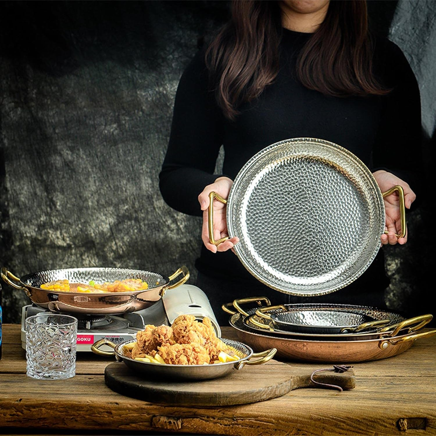 Golden Spanish Paella Deep Pan Stainless Steel Non-Stick Seafood Skillet Dual Handle For Home Restaurant Cooking 24 Cm