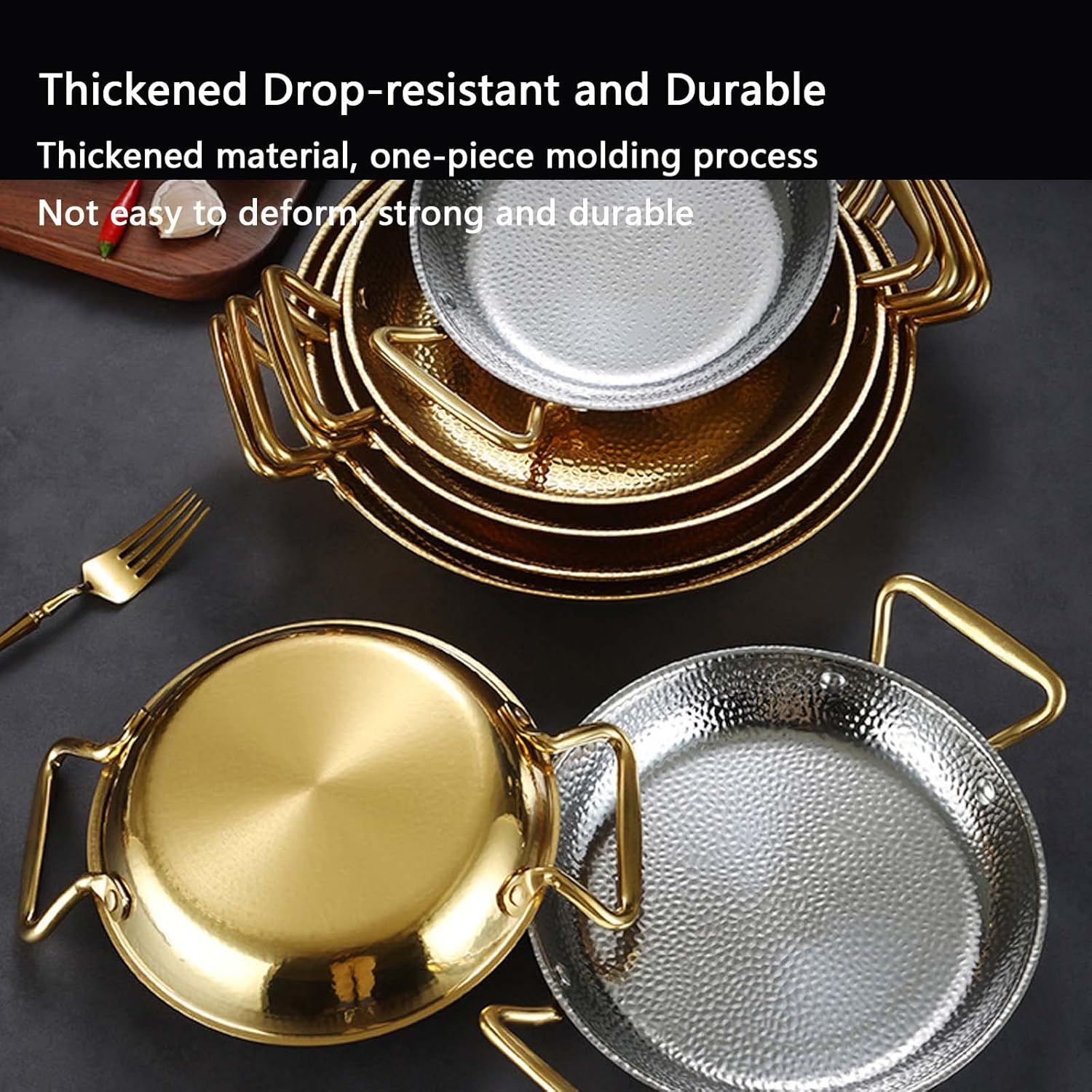 Golden Spanish Paella Deep Pan Stainless Steel Non-Stick Seafood Skillet Dual Handle For Home Restaurant Cooking 24 Cm