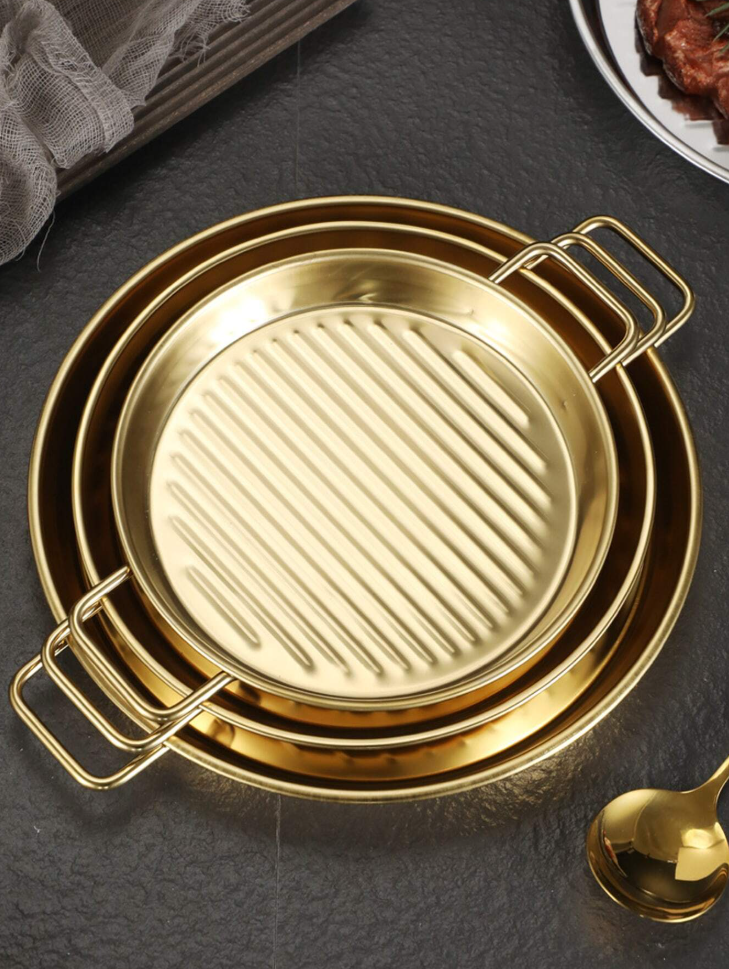 Golden Steak Style Platter Round Rustproof Dinner Plate 7.5 Inch