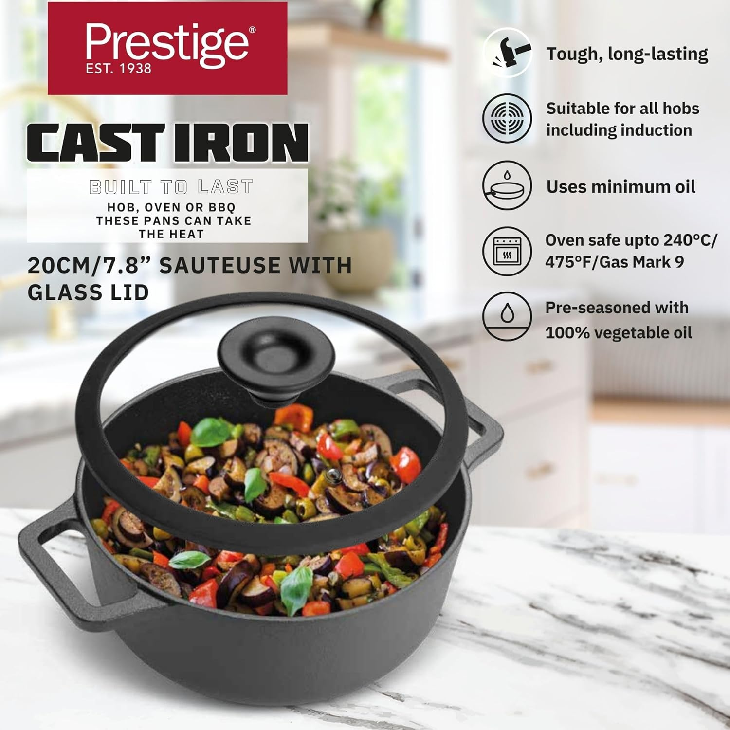 Prestige Cast Iron Casserole 24 Cm Induction With Glass Lid Biryani Pot With Heavy Bottom Cast Iron Cookware - 48897