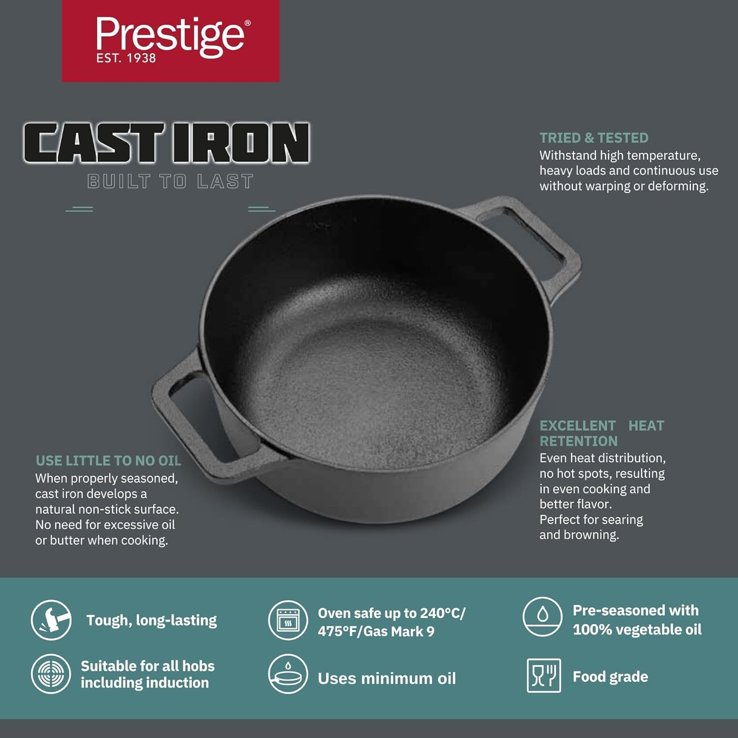 Prestige Cast Iron Casserole 24 Cm Induction With Glass Lid Biryani Pot With Heavy Bottom Cast Iron Cookware - 48897