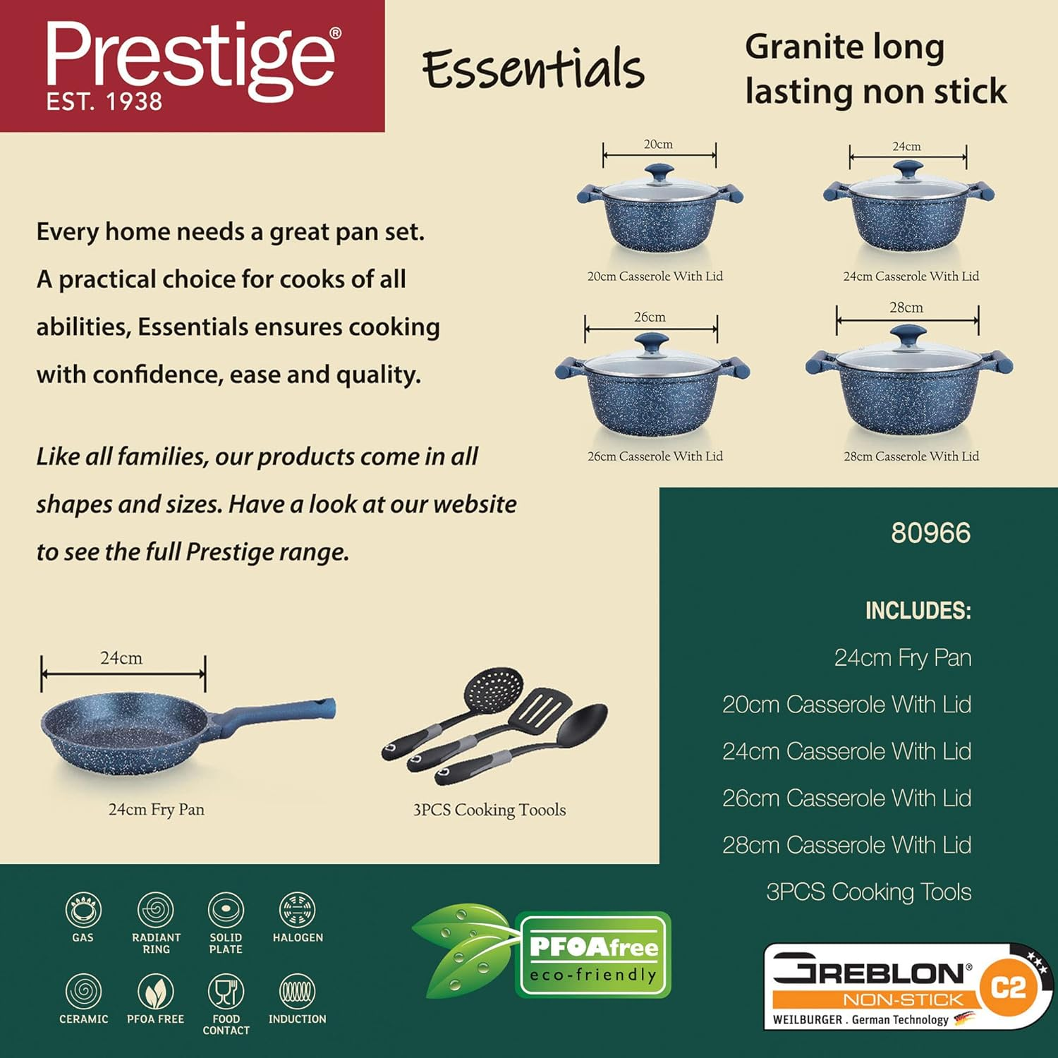 Prestige Essentials Granite 12 Piece Non-Stick Cookware Sets Induction Base Blue - 80966