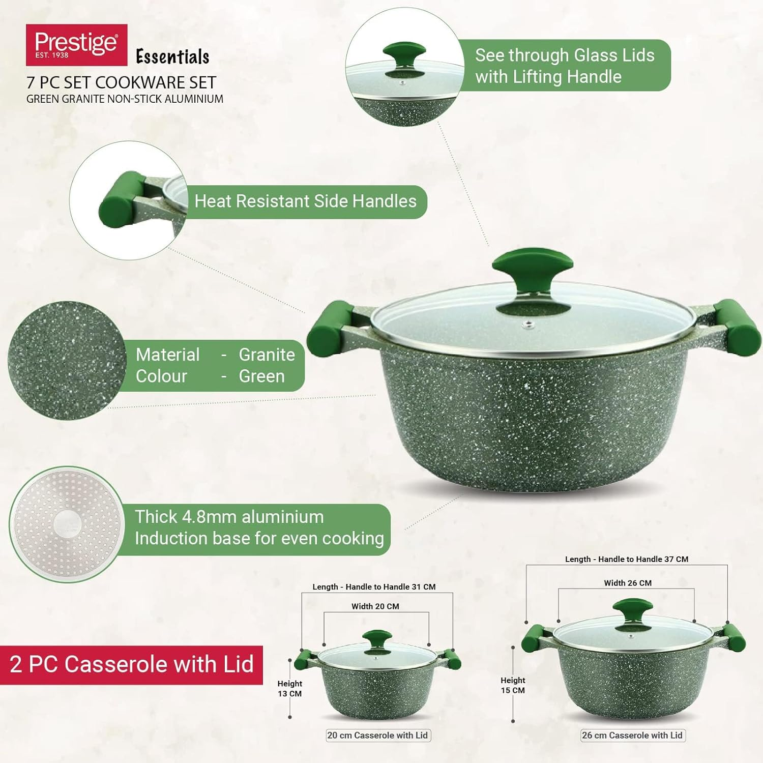 Prestige Essentials Granite 7 Piece Non-Stick Cast Aluminium Cookware Sets Induction Base - Green - 80960