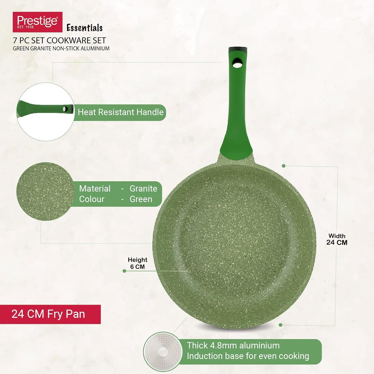 Prestige Essentials Granite 7 Piece Non-Stick Cast Aluminium Cookware Sets Induction Base - Green - 80960
