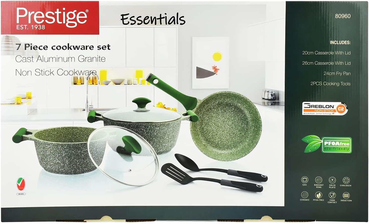 Prestige Essentials Granite 7 Piece Non-Stick Cast Aluminium Cookware Sets Induction Base - Green - 80960