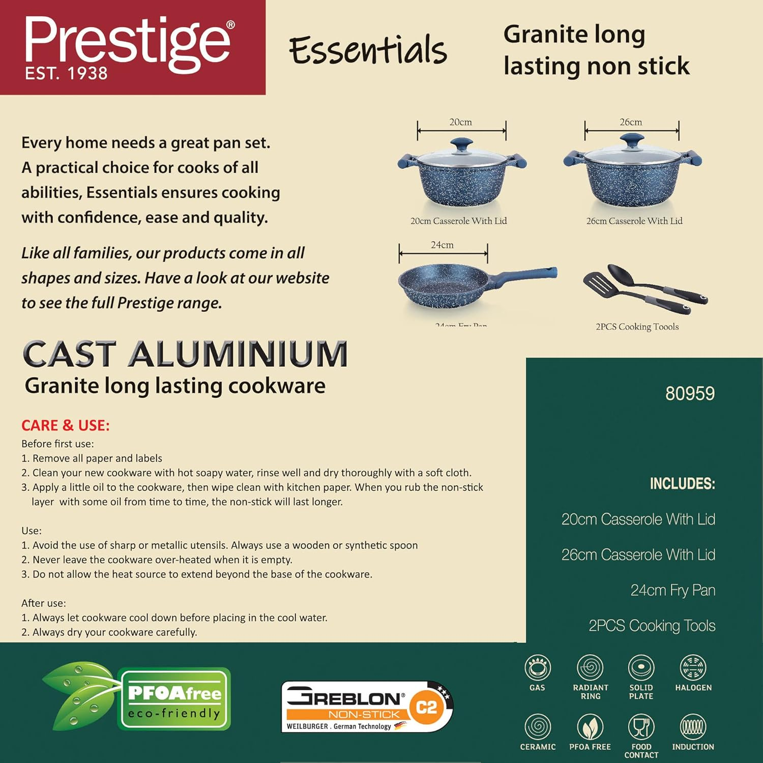 Prestige Essentials Granite Non-Stick Cookware Sets Induction Base Blue 7 Piece - 80959