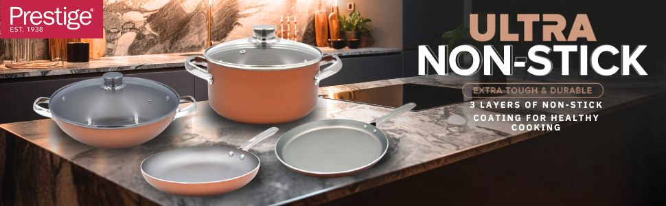 Prestige Ultra Non Stick Kadai With Glass Lid And Induction-Based Triple Layered Non-Stick Coated Wok - 28Cm